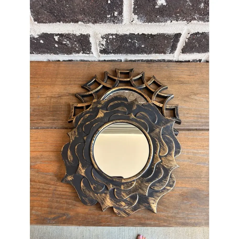 Set of 2 Black Gold Sunburst Accent Mirrors 9” Round Decorative Wall Mirrors